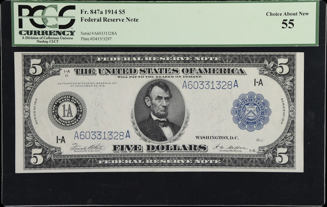 Fr. 847a. 1914 $5 Federal Reserve Note. Boston. PCGS Currency Choice