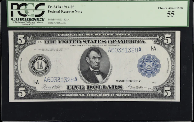Fr. 847a. 1914 $5 Federal Reserve Note. Boston. PCGS Currency Choice