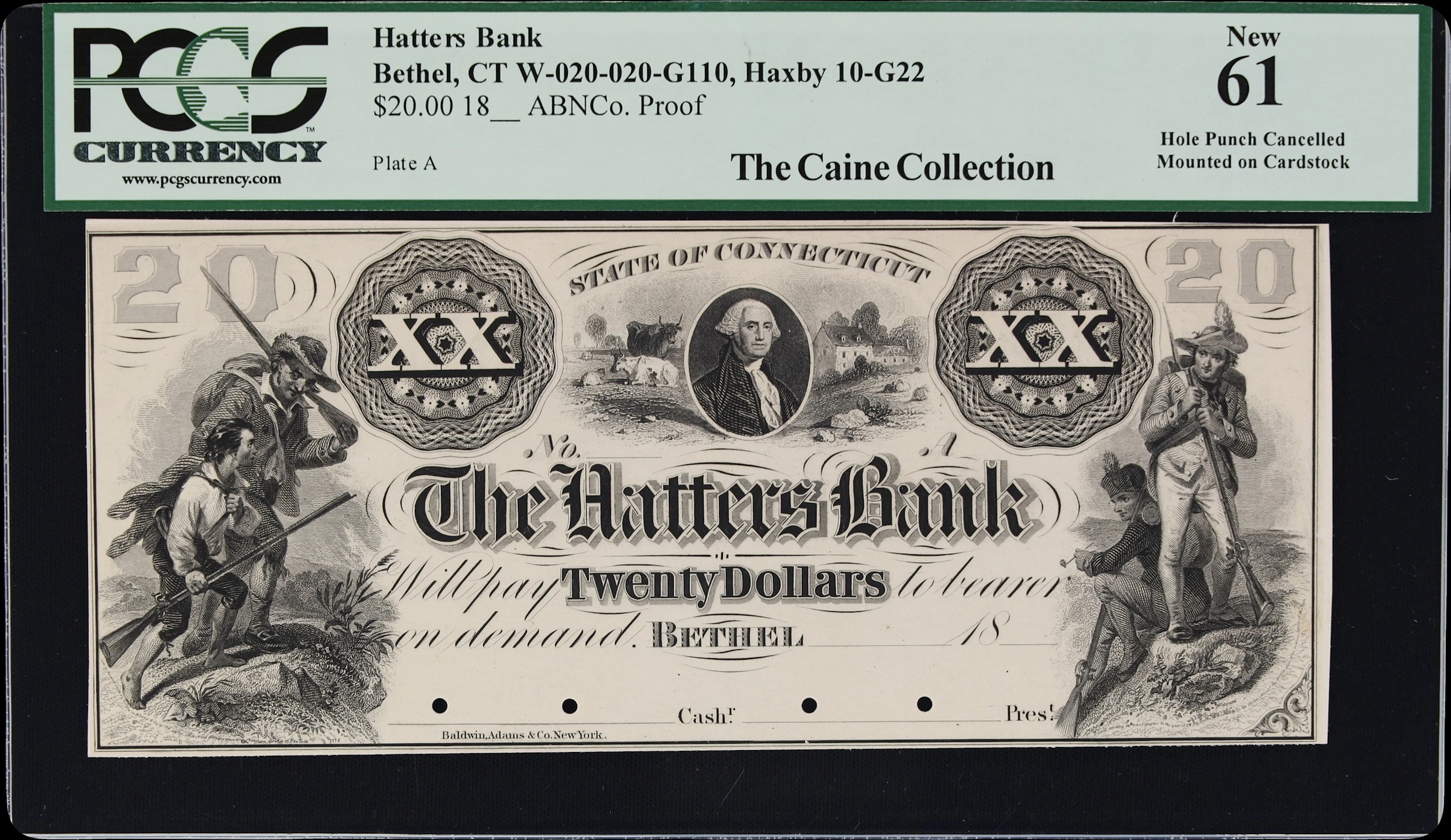 Bethel, Connecticut. Hatters Bank. 18xx $20. PCGS Currency New 61.