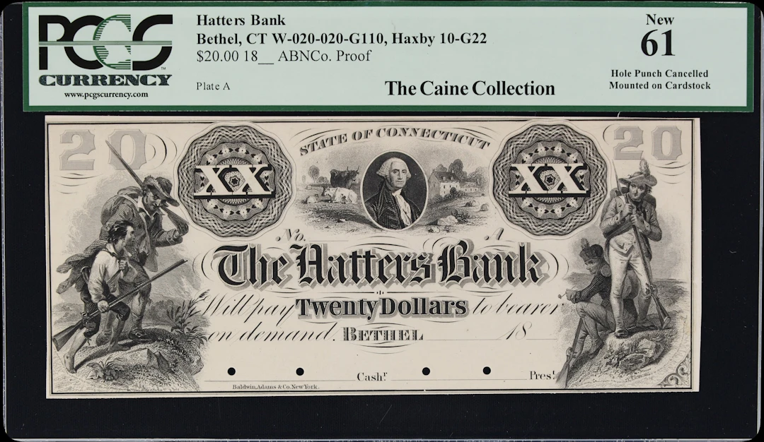 Bethel, Connecticut. Hatters Bank. 18xx $20. PCGS Currency New 61.