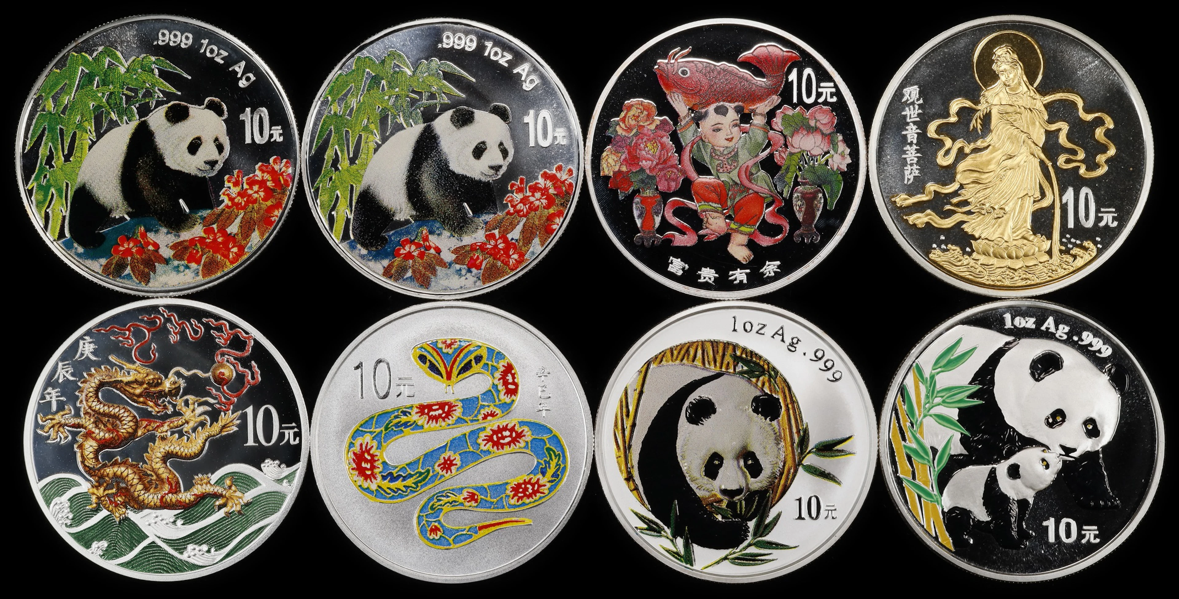 CHINA. Octet of Colorized Silver 10 Yuan (8 Pieces), 1997-2004. Average
