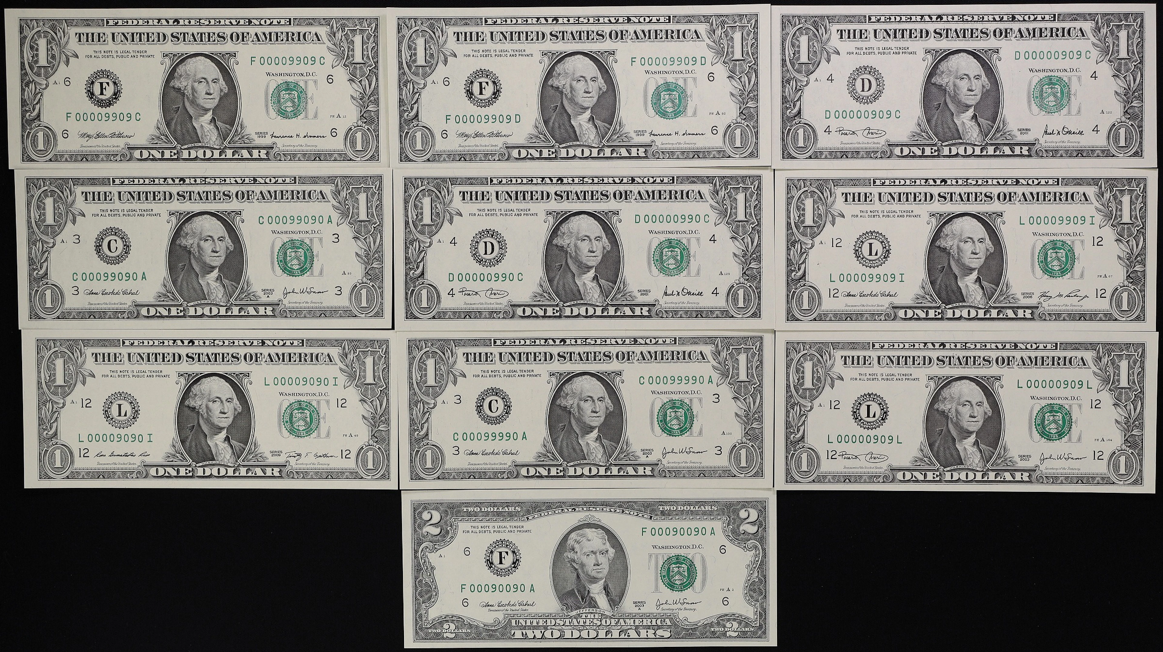 Lot of (10) Fr. 1925-F, 1926-D, 1929-L, 1930-C, 1933-L, 1934-L & 1938-F.