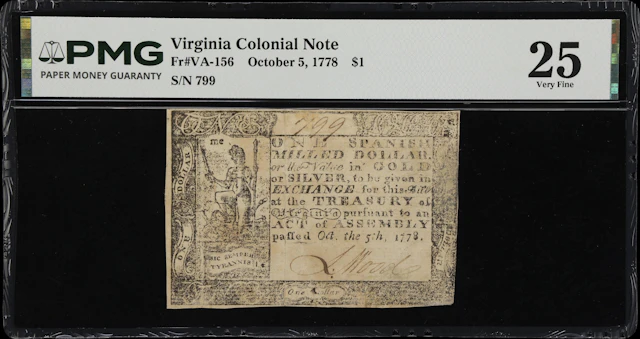 VA-156. Virginia. October 5, 1778. $1. PMG Very Fine 25.