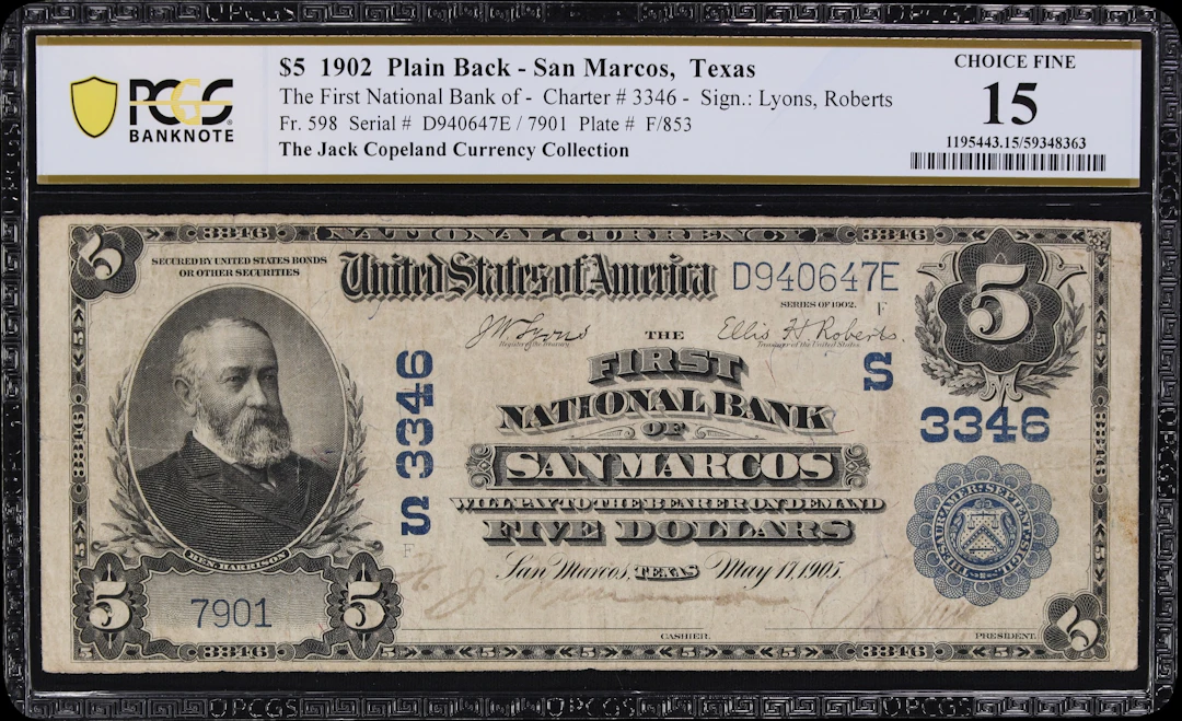 San Marcos, Texas. $5 1902 Plain Back. Fr. 598. First NB. Charter