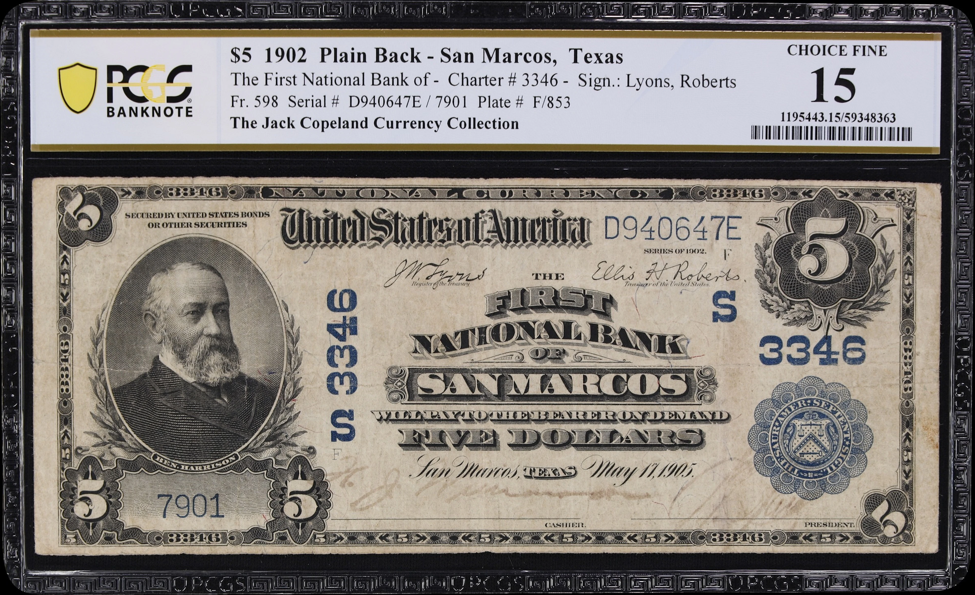 San Marcos, Texas. $5 1902 Plain Back. Fr. 598. First NB. Charter