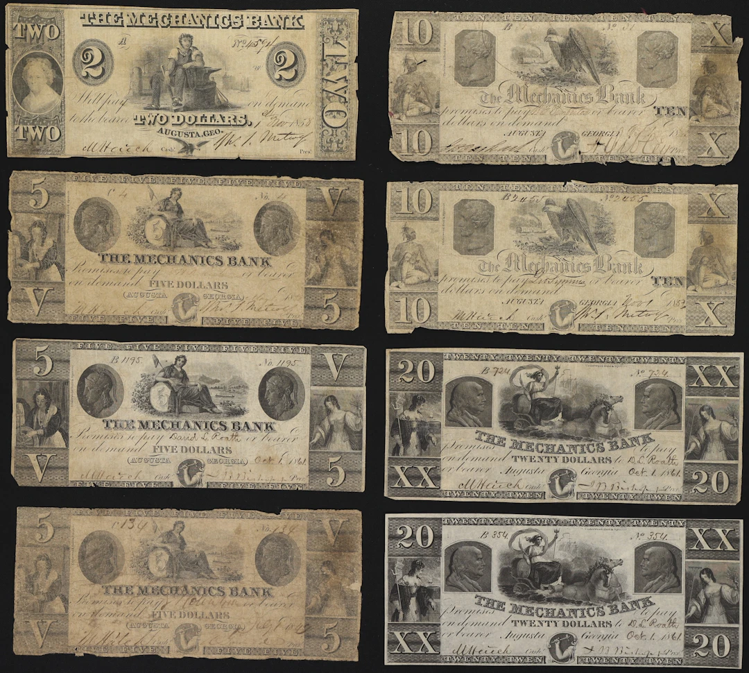 Lot of (8) Georgia Obsoletes. Mixed Issuers. 1850s - 60s Mixed Denominations.