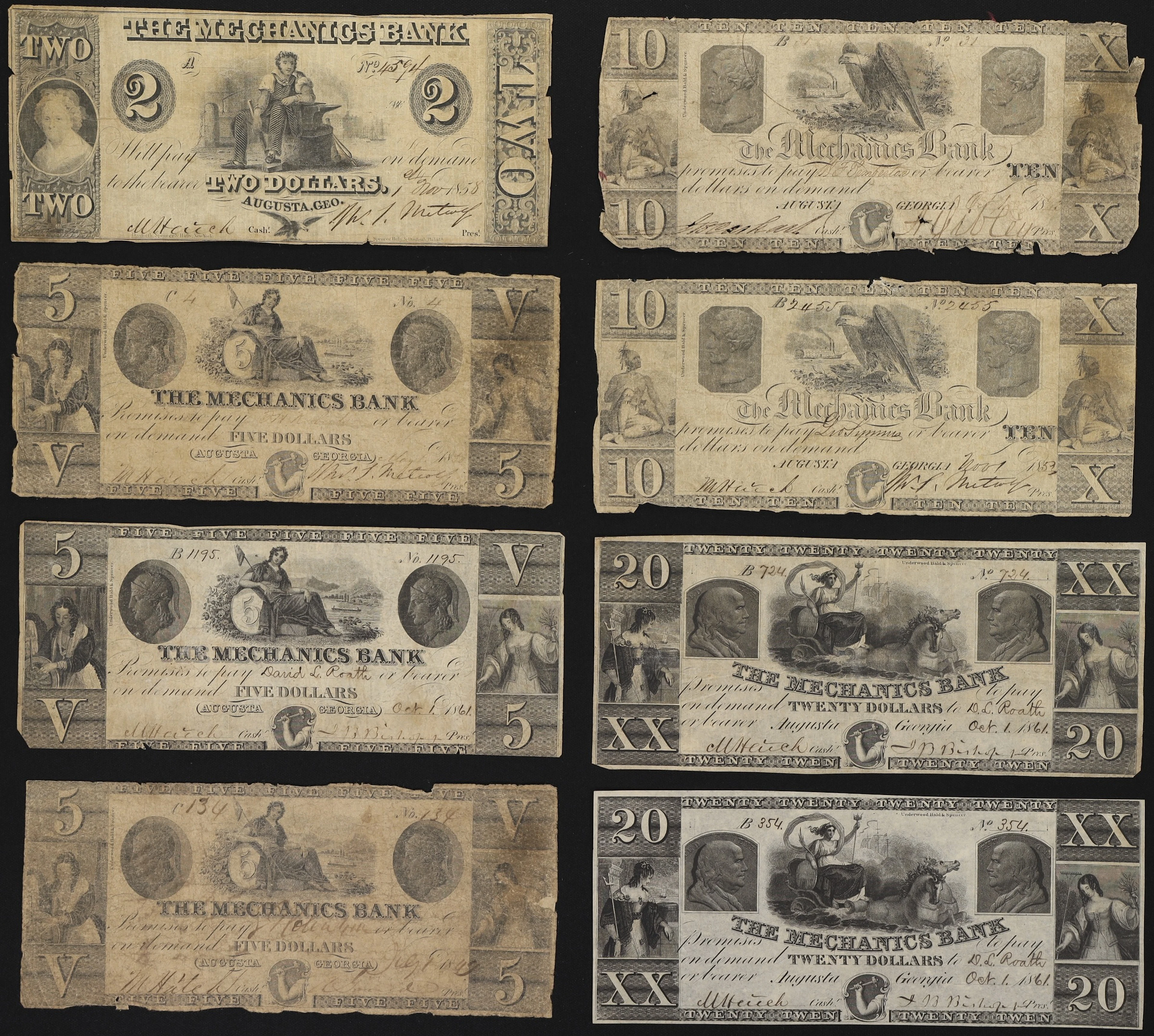Lot of (8) Georgia Obsoletes. Mixed Issuers. 1850s - 60s Mixed Denominations.