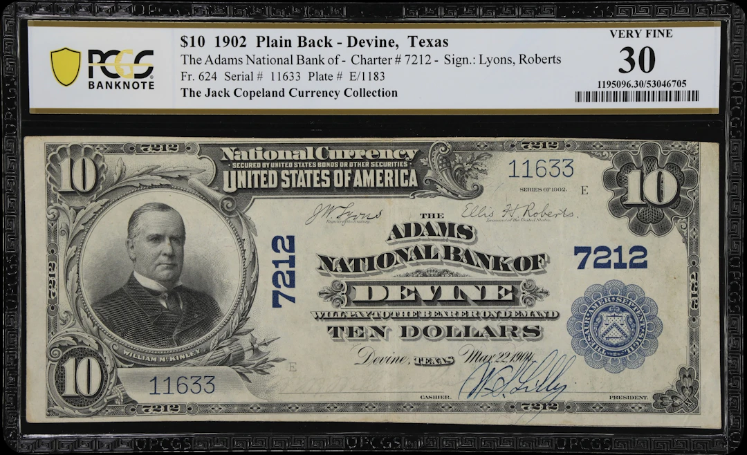 Devine, Texas. $10 1902 Plain Back. Fr. 624. Adams NB. Charter #7212.