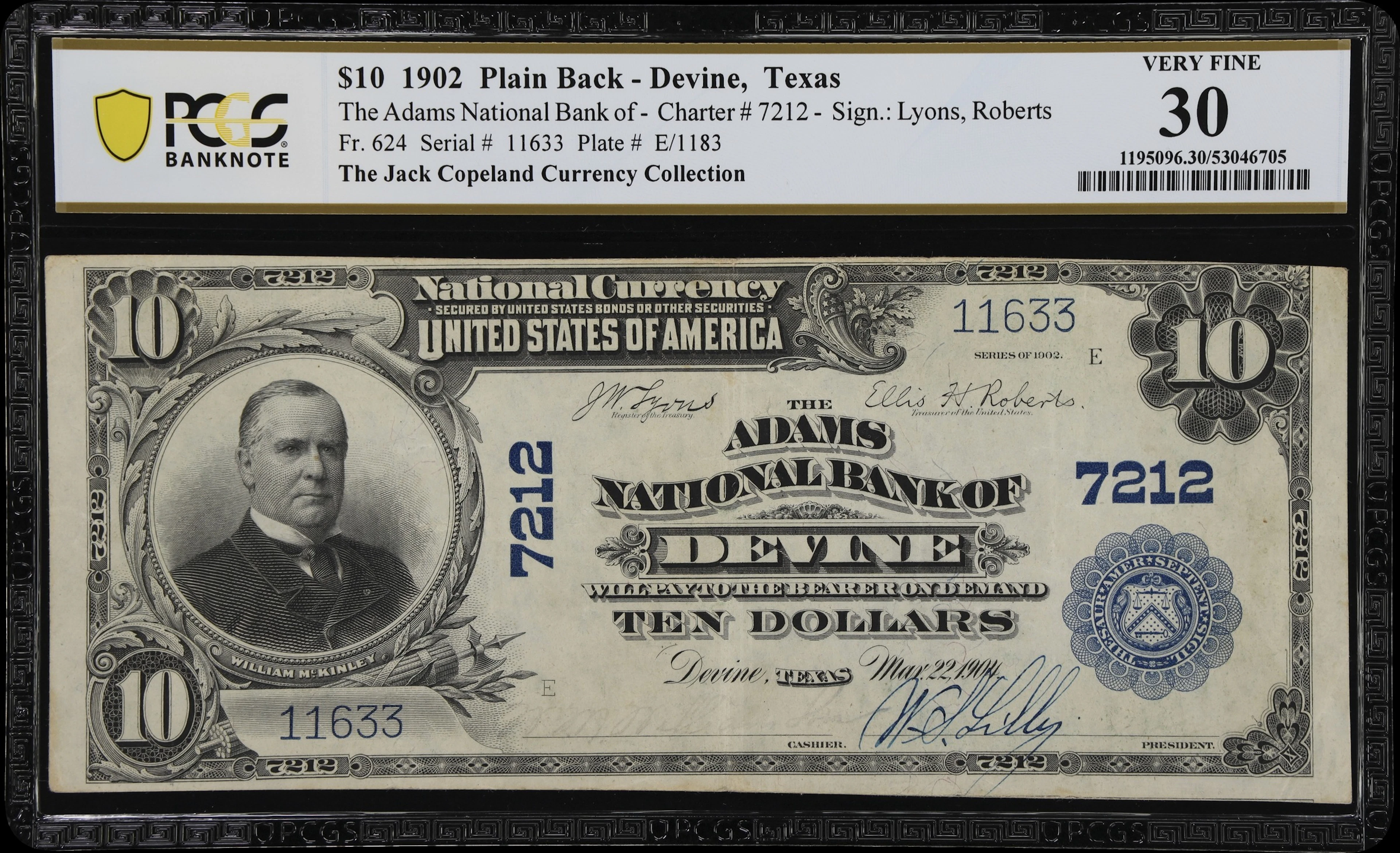 Devine, Texas. $10 1902 Plain Back. Fr. 624. Adams NB. Charter #7212.