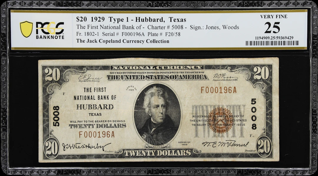 Hubbard, Texas. $20 1929 Ty. 1. Fr. 1802-1. First NB. Charter #5008.