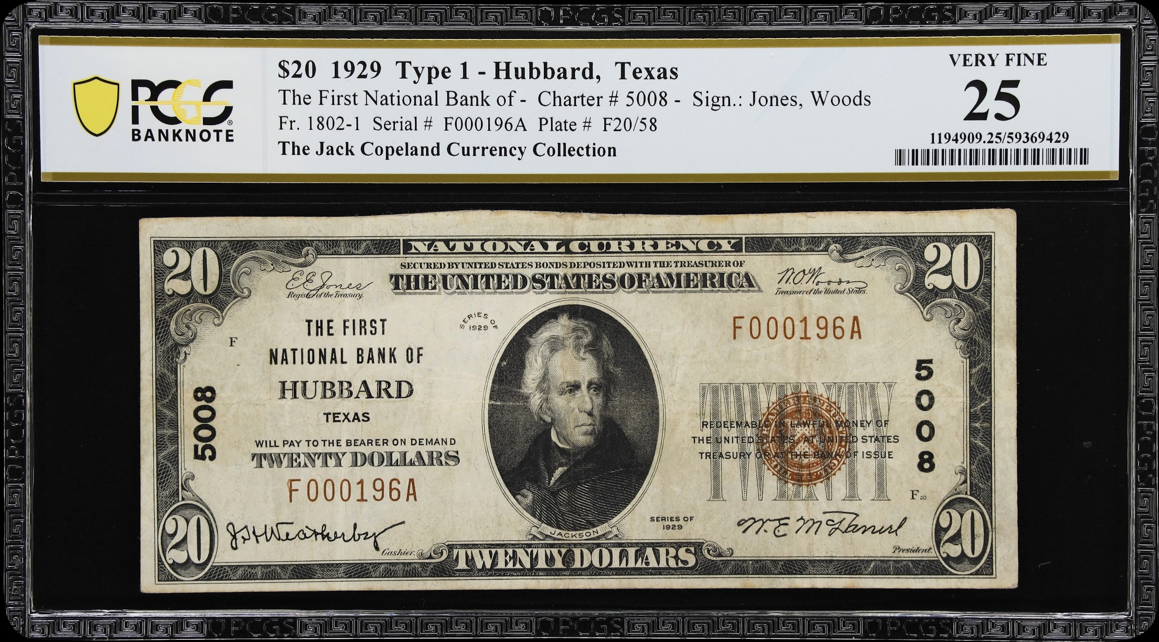 Hubbard, Texas. $20 1929 Ty. 1. Fr. 1802-1. First NB. Charter #5008.