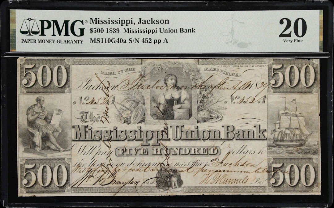 Jackson, Mississippi. Mississippi Union Bank. 1839 $500. PMG Very Fine 20.