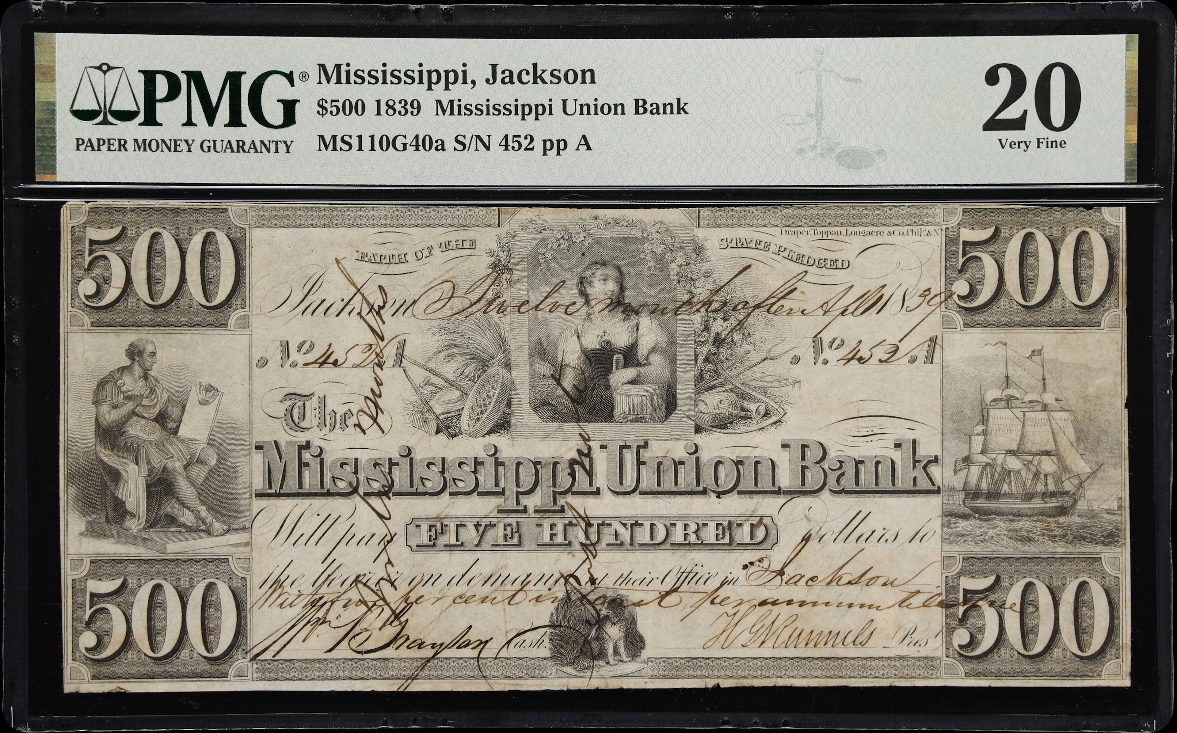 Jackson, Mississippi. Mississippi Union Bank. 1839 $500. PMG Very Fine 20.