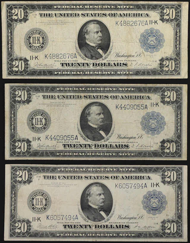 Lot of (3) Fr. 1006 & 1007. 1914 $20 Federal Reserve Notes. Dallas.