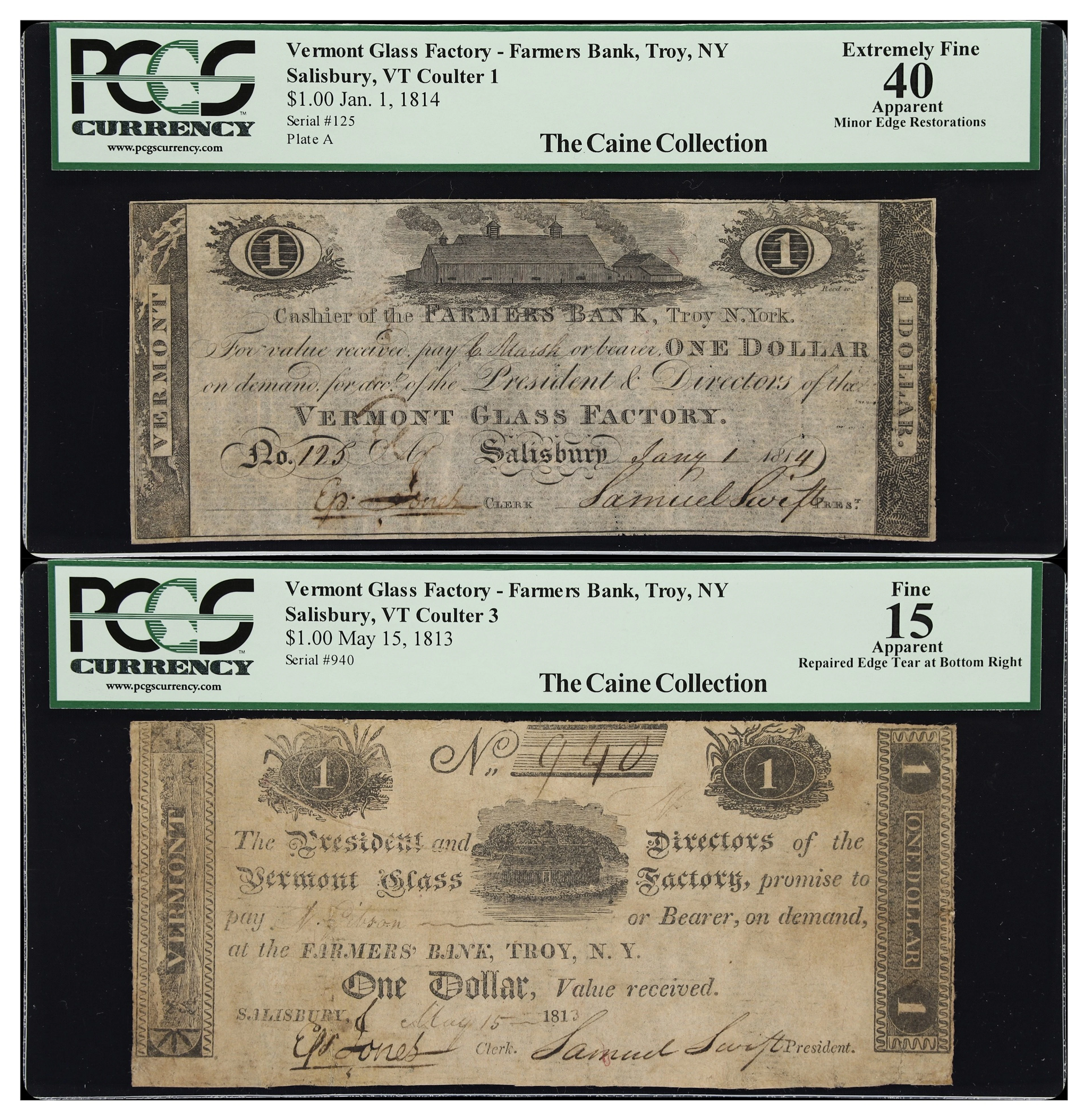 Lot of (2) Salisbury, Vermont. Vermont Glass Factory. 1813-14 $1.