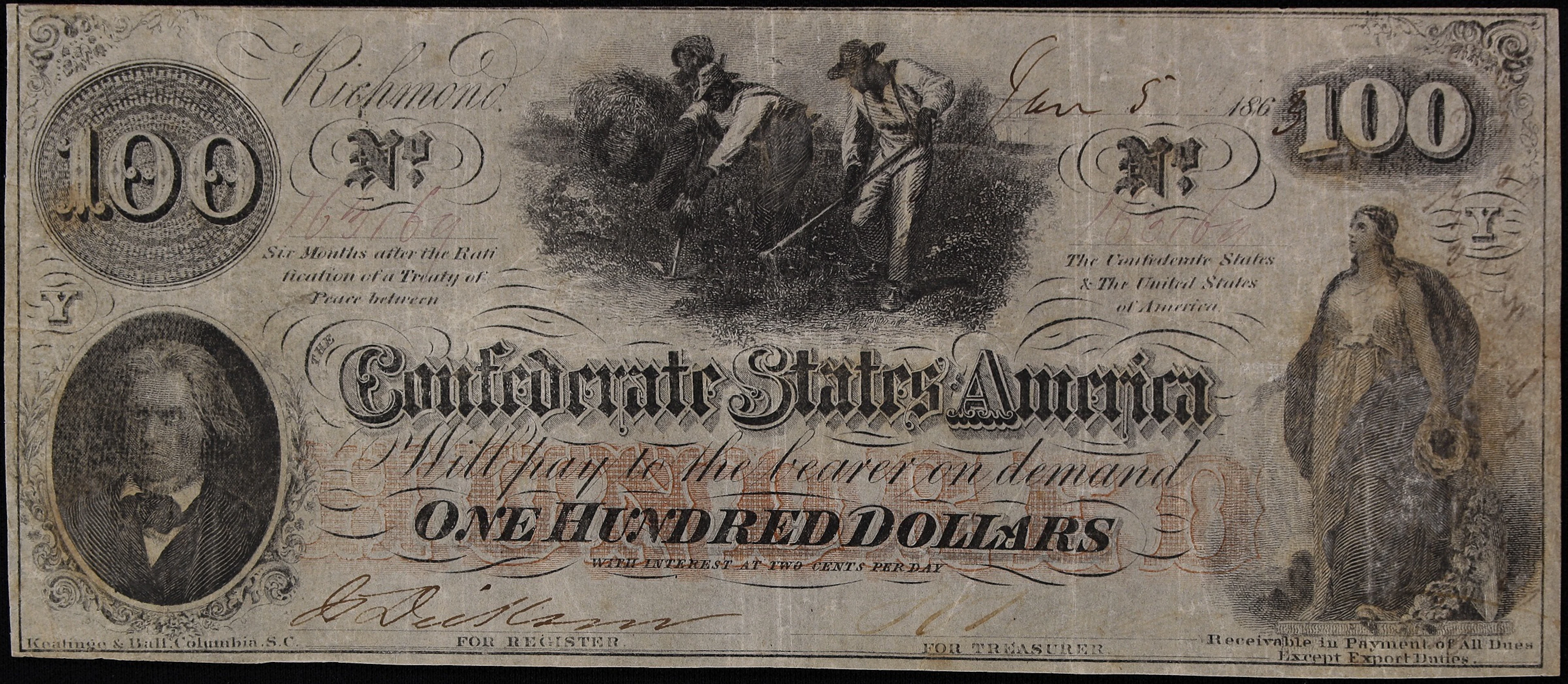 T-41. Confederate Currency. 1863 $100. Very Fine. Penned Miliitary