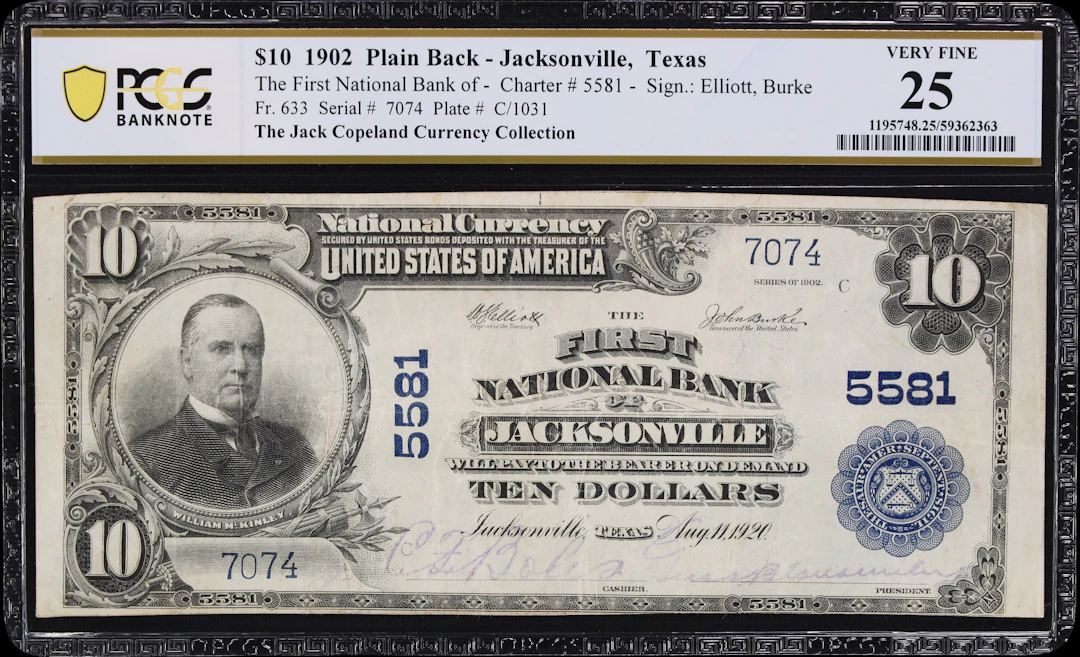 Jacksonville, Texas. $10 1902 Plain Back. Fr. 633. First NB. Charter