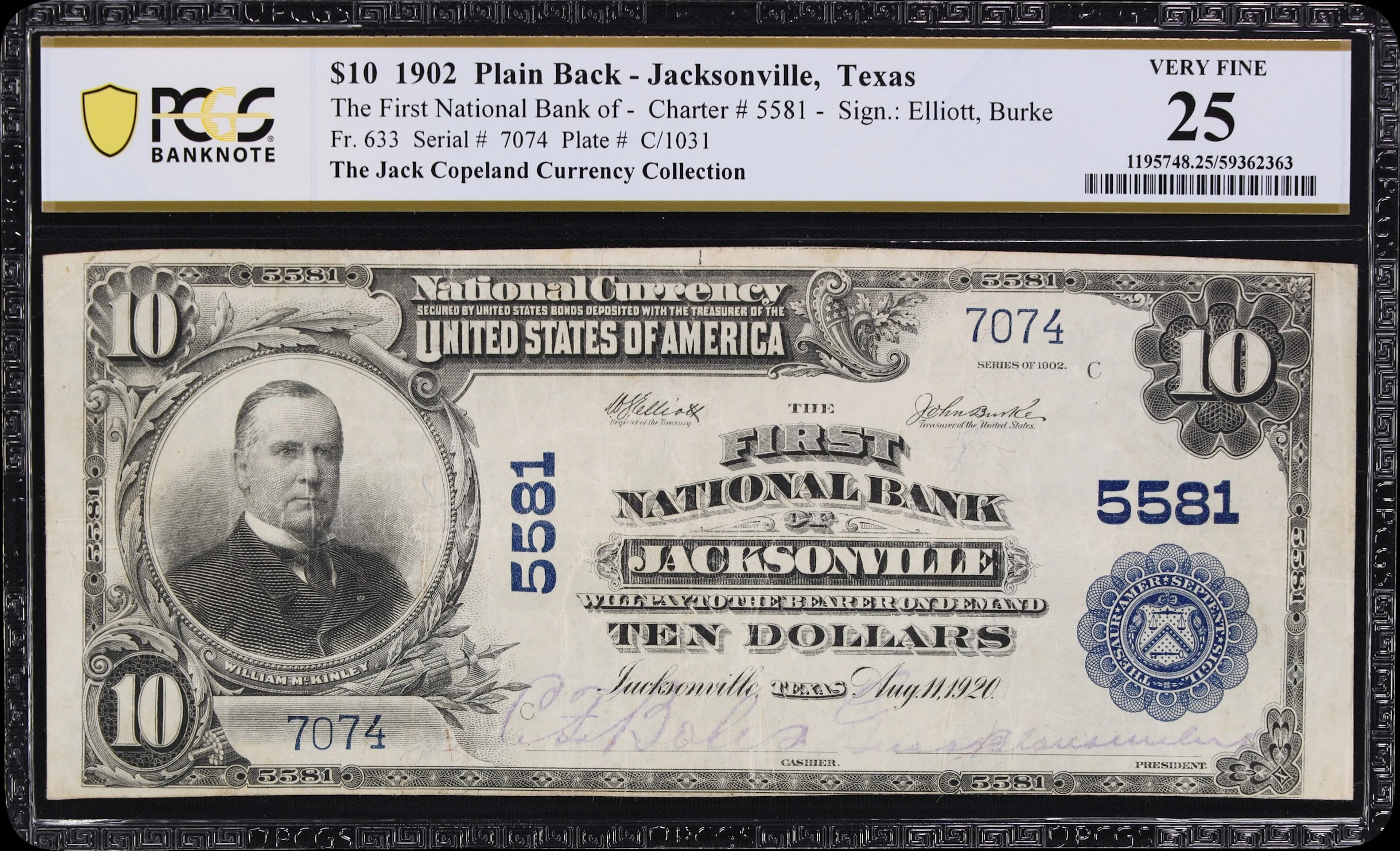 Jacksonville, Texas. $10 1902 Plain Back. Fr. 633. First NB. Charter