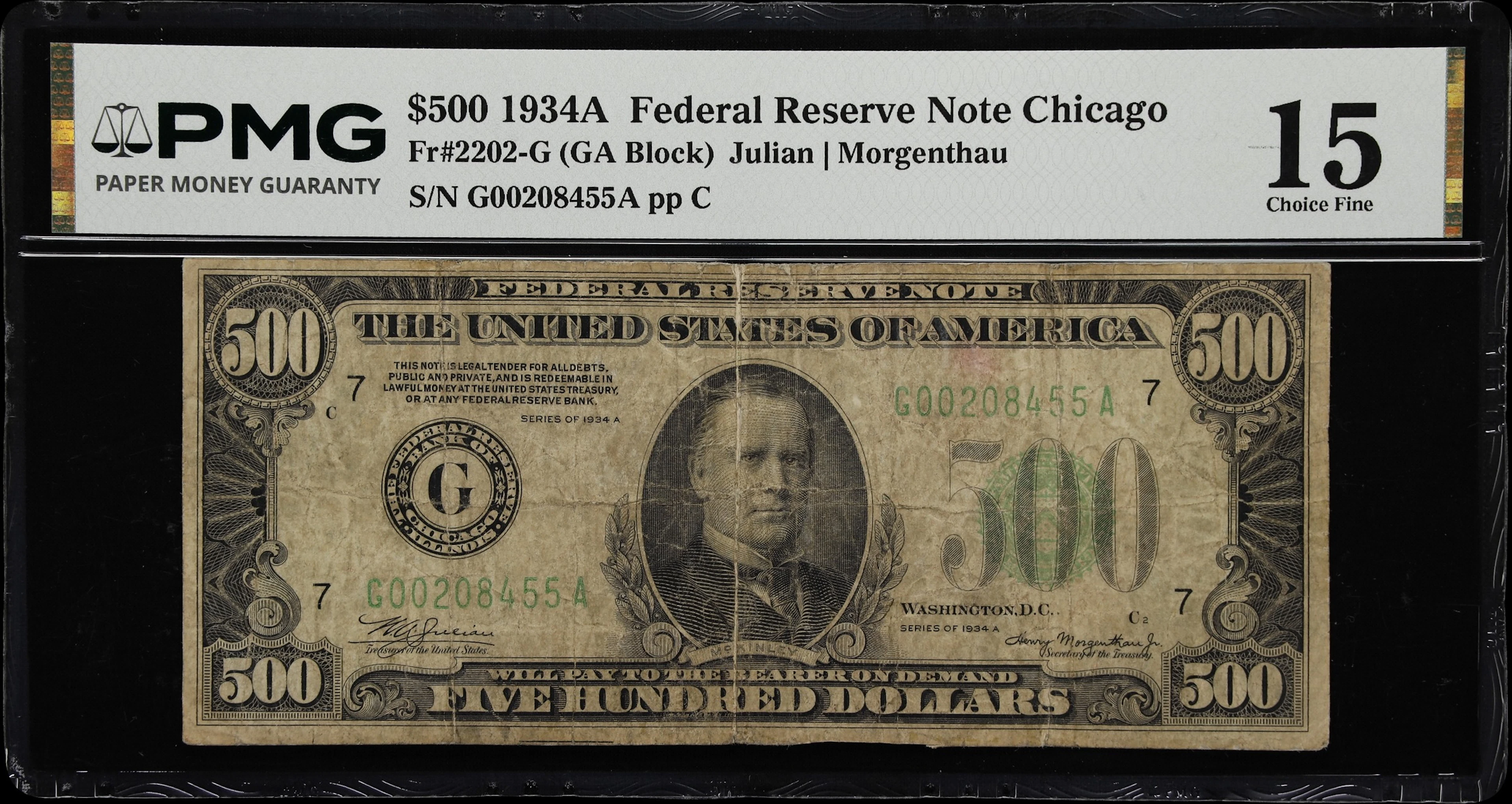 Fr. 2202-G. 1934A $500 Federal Reserve Note. Chicago. PMG Choice Fine 15.