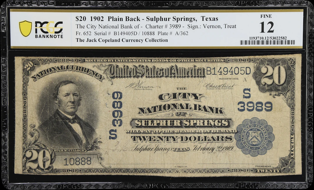 Sulphur Springs, Texas. $20 1902 Plain Back. Fr. 652. City NB. Charter
