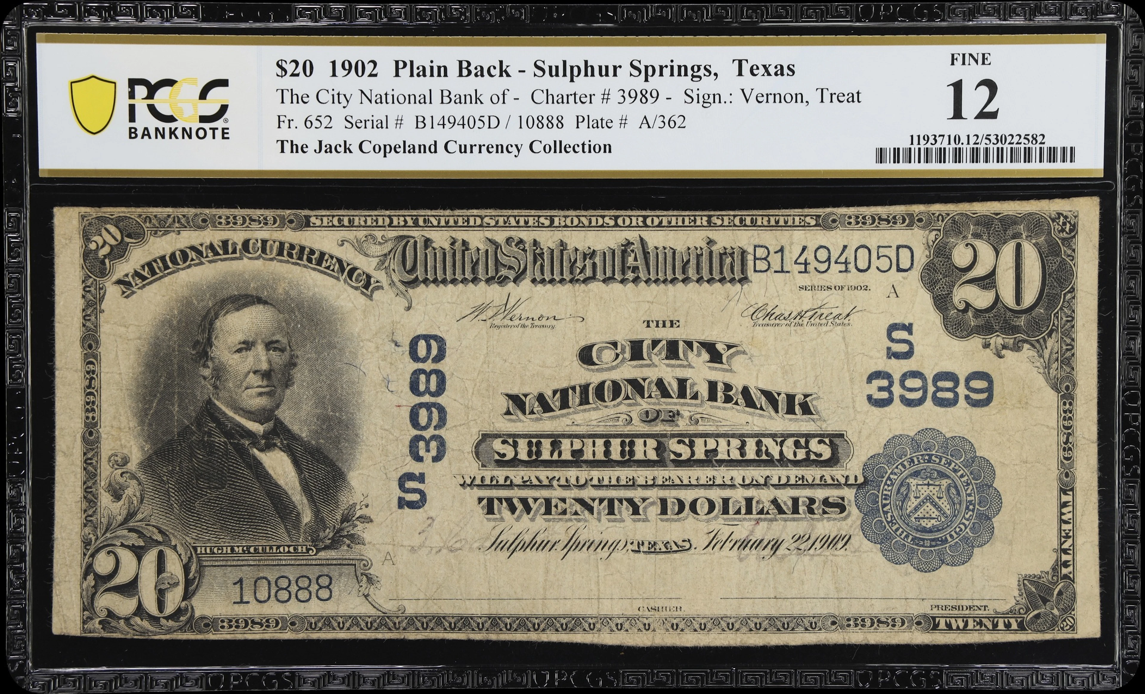 Sulphur Springs, Texas. $20 1902 Plain Back. Fr. 652. City NB. Charter