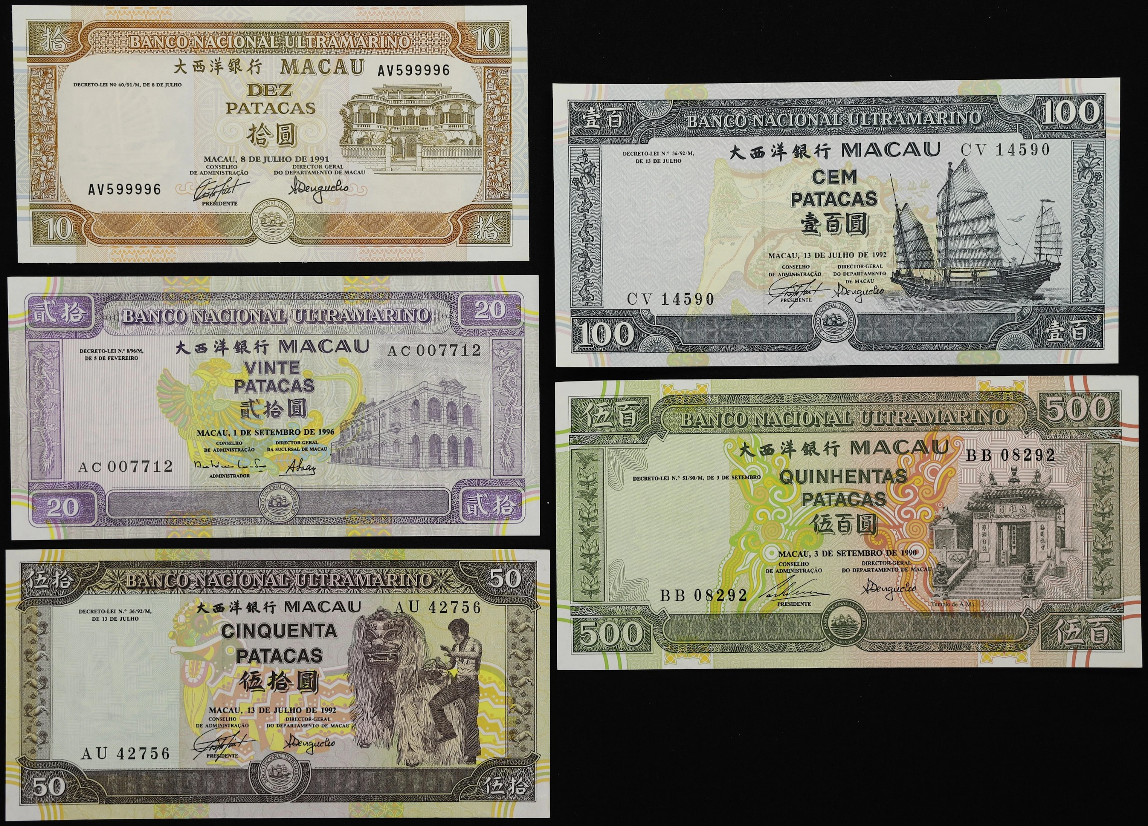 MACAU (SAR). Lot of (5). Banco Nacional Ultramarino. 10, 20, 50, 100