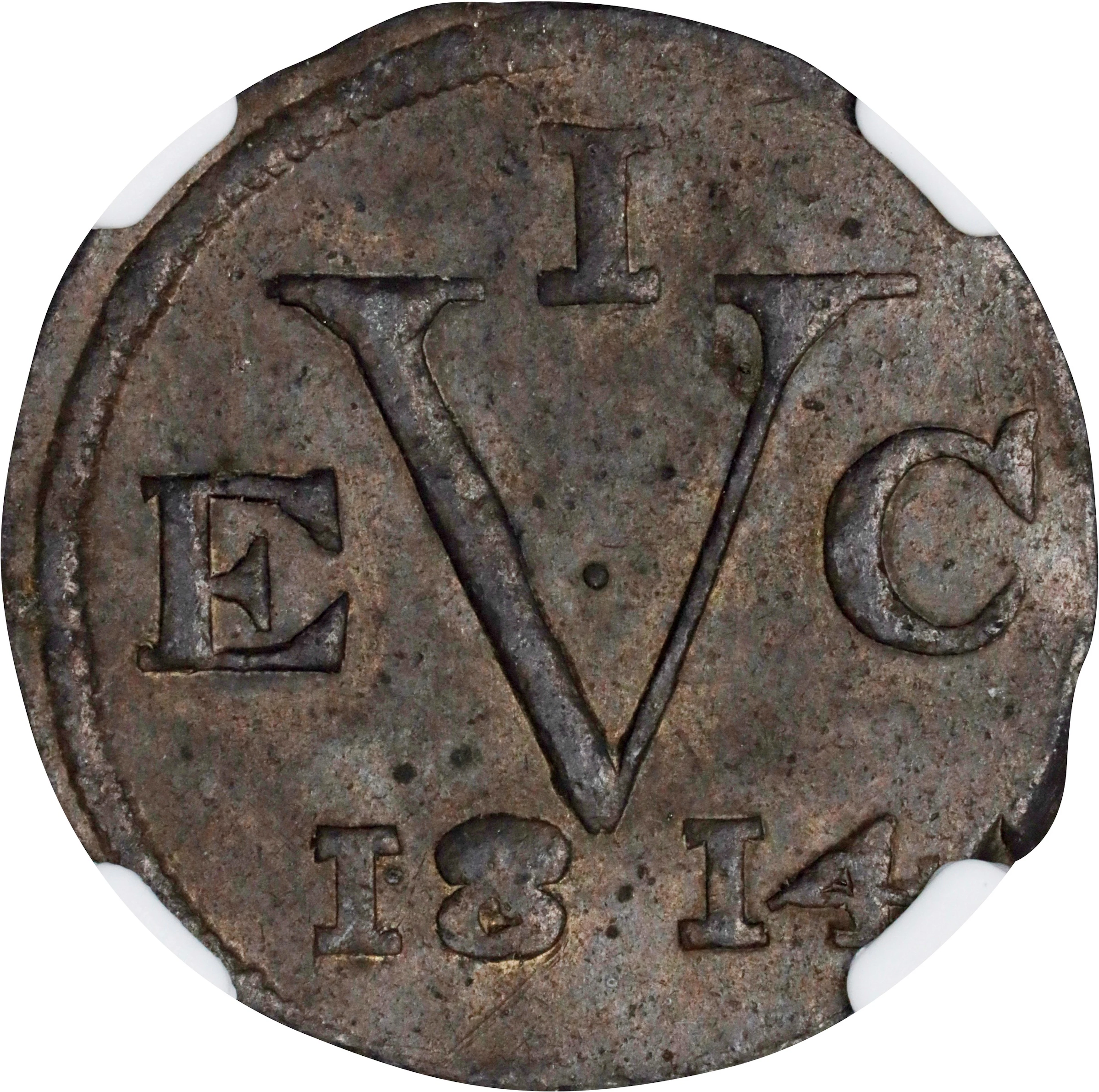 NETHERLANDS EAST INDIES. British Java. Tin Duit, 1814. Batavia Mint. NGC AU-55.