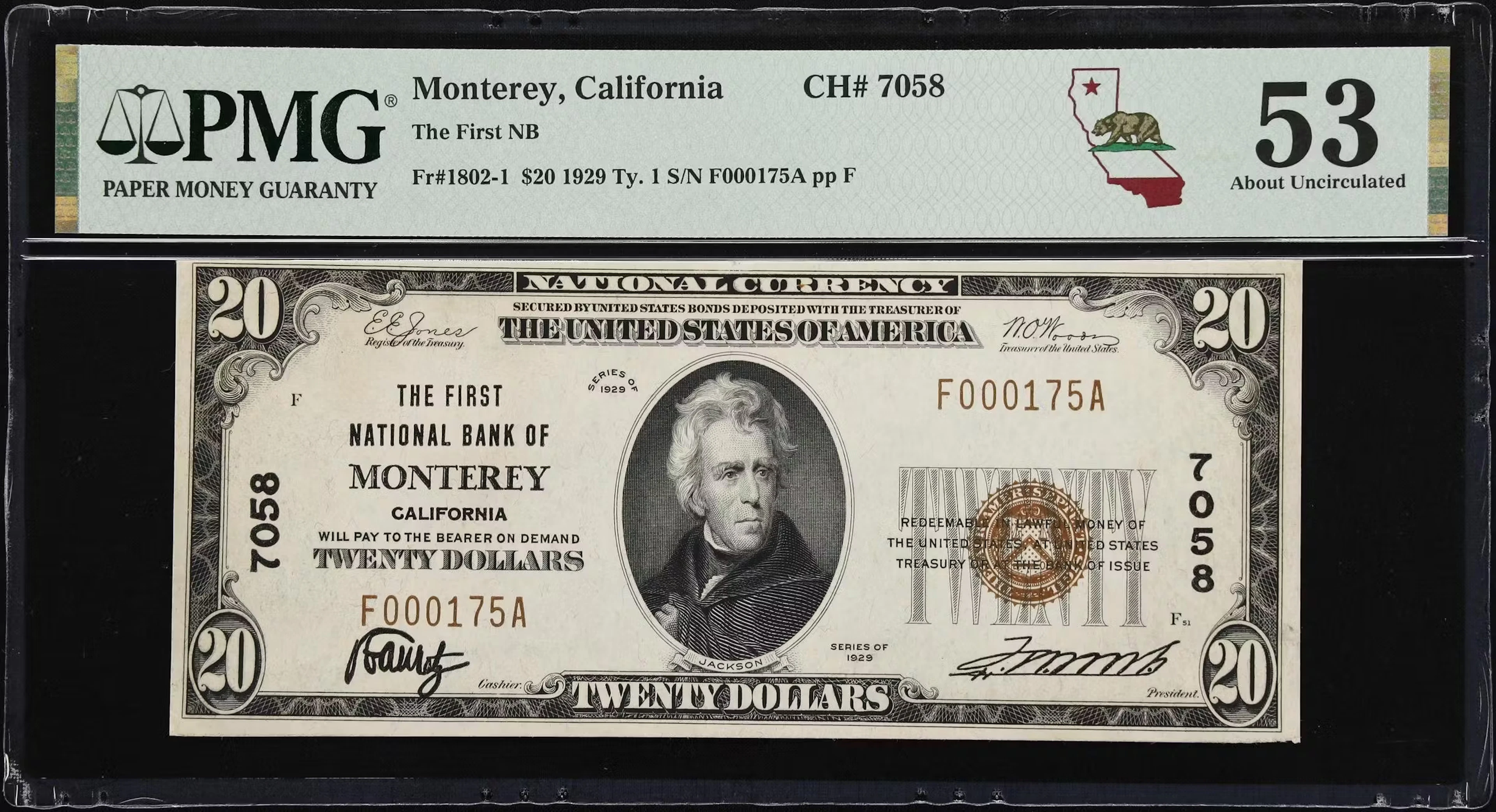 Monterey, California. $20 1929 Ty. 1. Fr. 1802-1. First NB. Charter