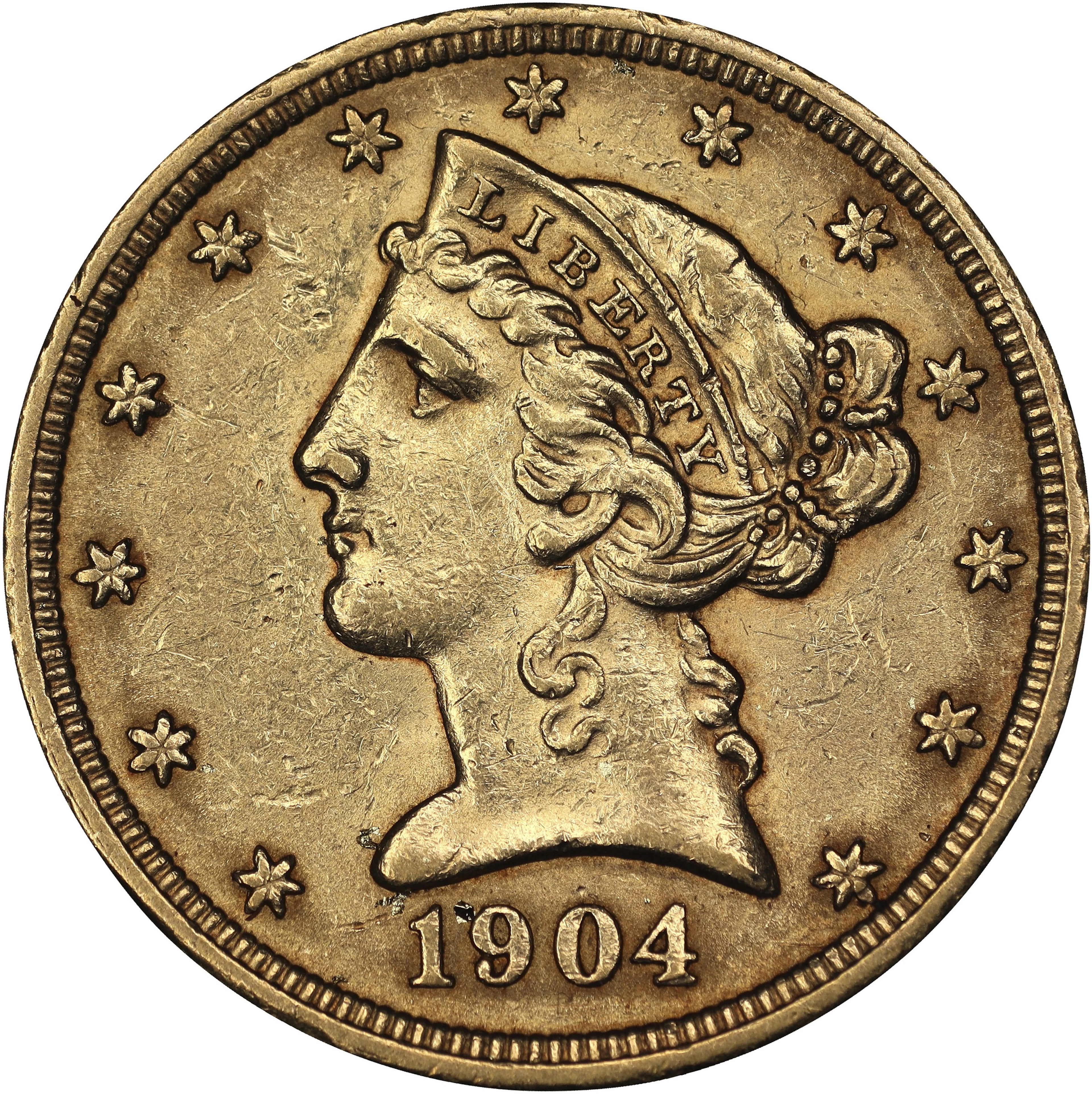 (0.242 oz, 7.527 g AGW). 1904 Liberty Head Half Eagle Gold $5.