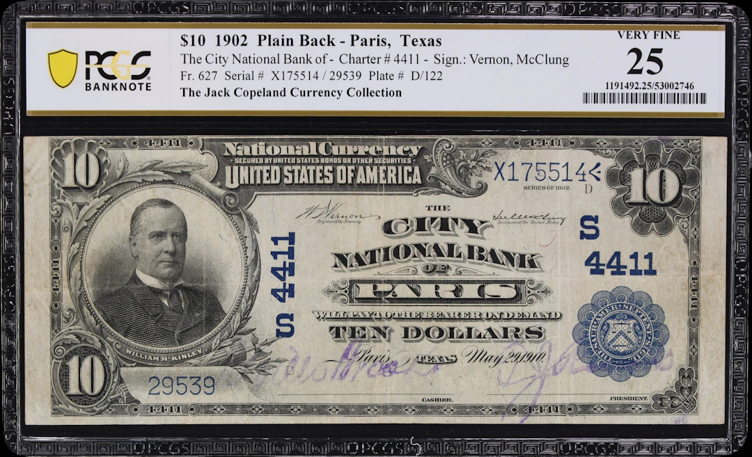 Paris, Texas. $10 1902 Plain Back. Fr. 627. City NB. Charter #4411.
