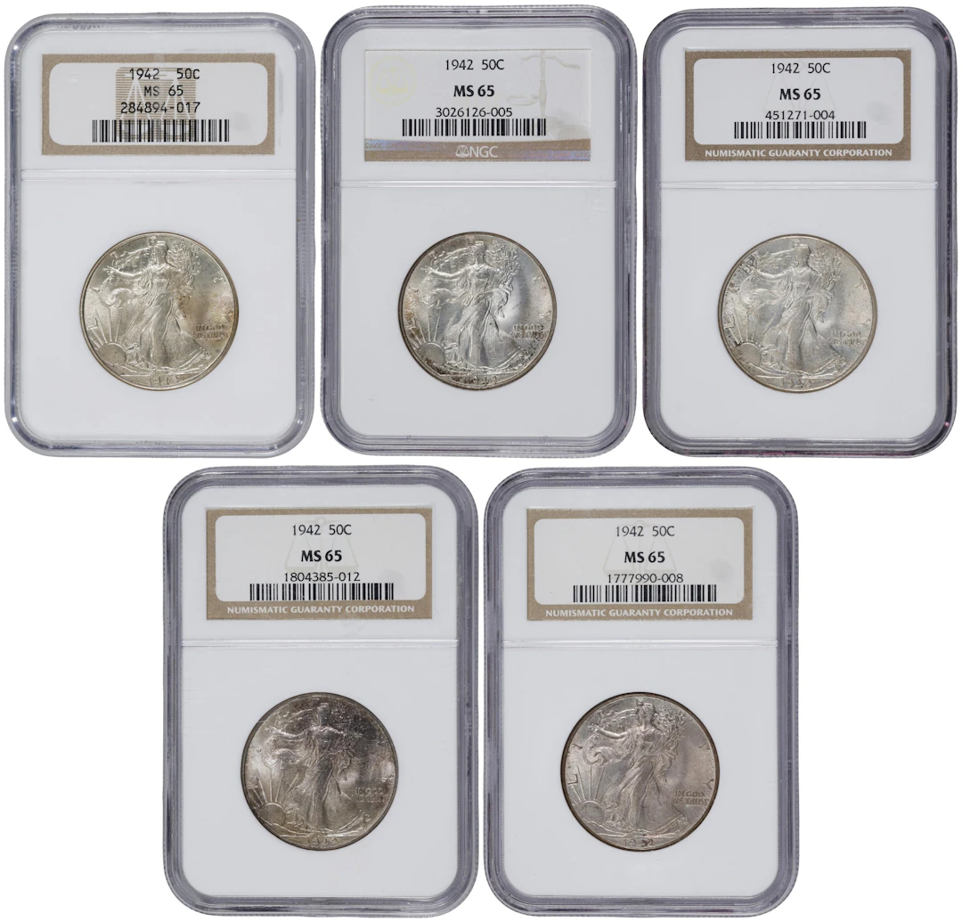 Lot of (5) 1942 Walking Liberty Half Dollars. MS-65 (NGC).