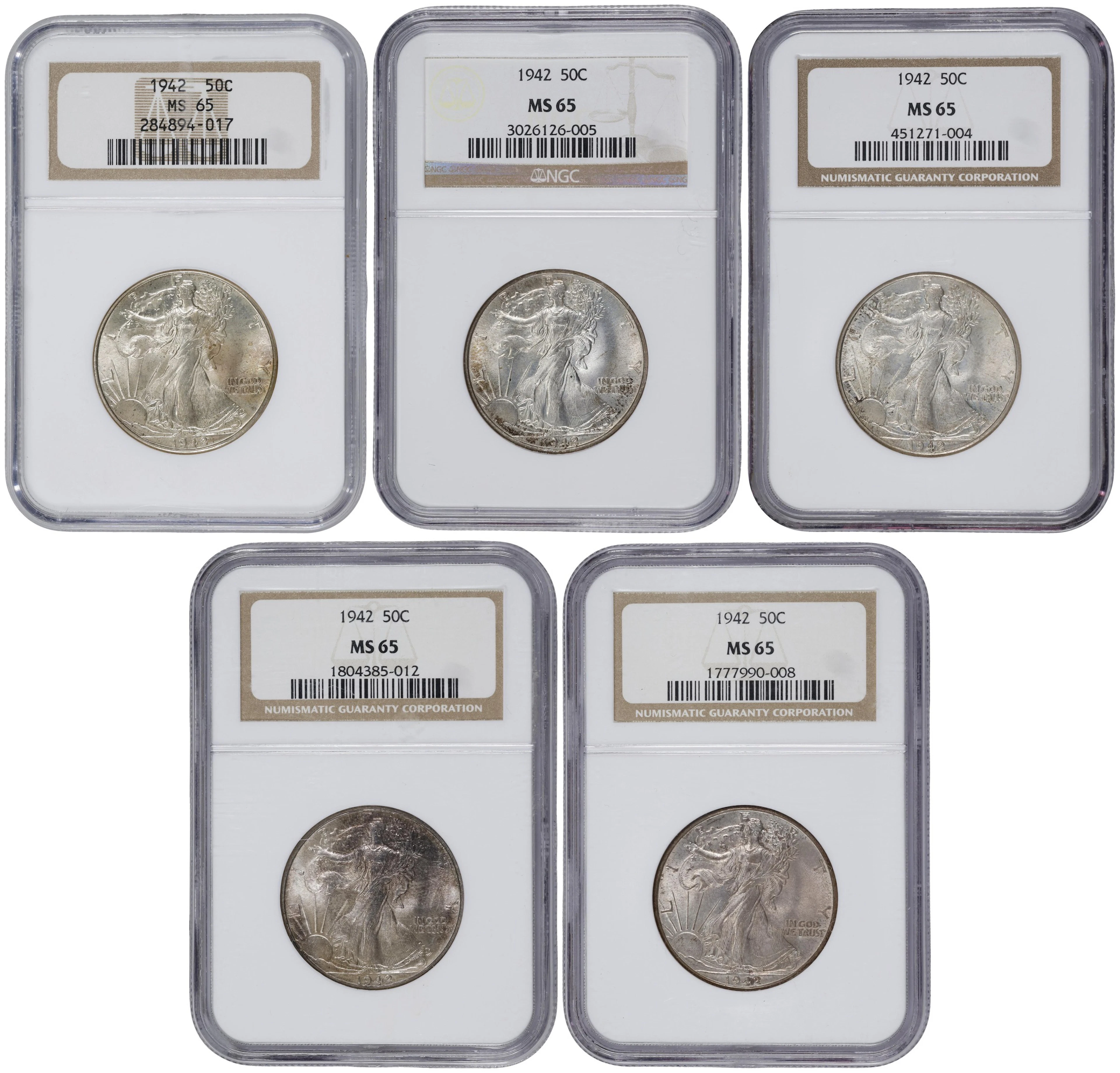 Lot of (5) 1942 Walking Liberty Half Dollars. MS-65 (NGC).