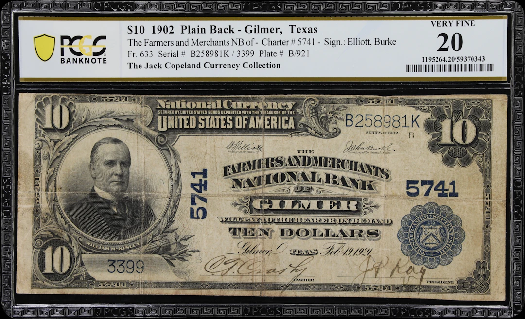 Gilmer, Texas. $10 1902 Plain Back. Fr. 633. Farmers & Merchants NB.