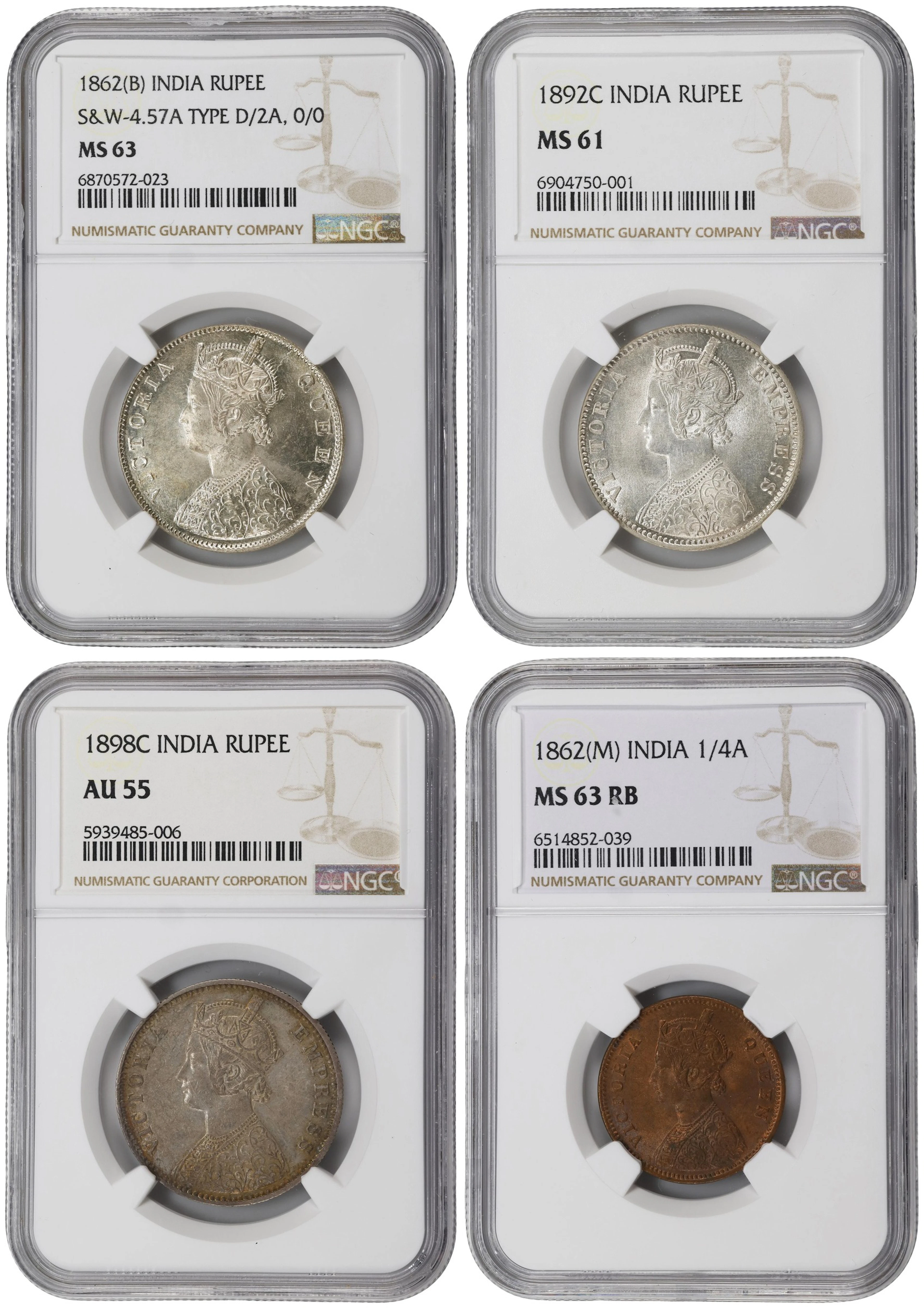INDIA. Quartet of Mixed Denominations (4 Pieces), 1862-98. Victoria.