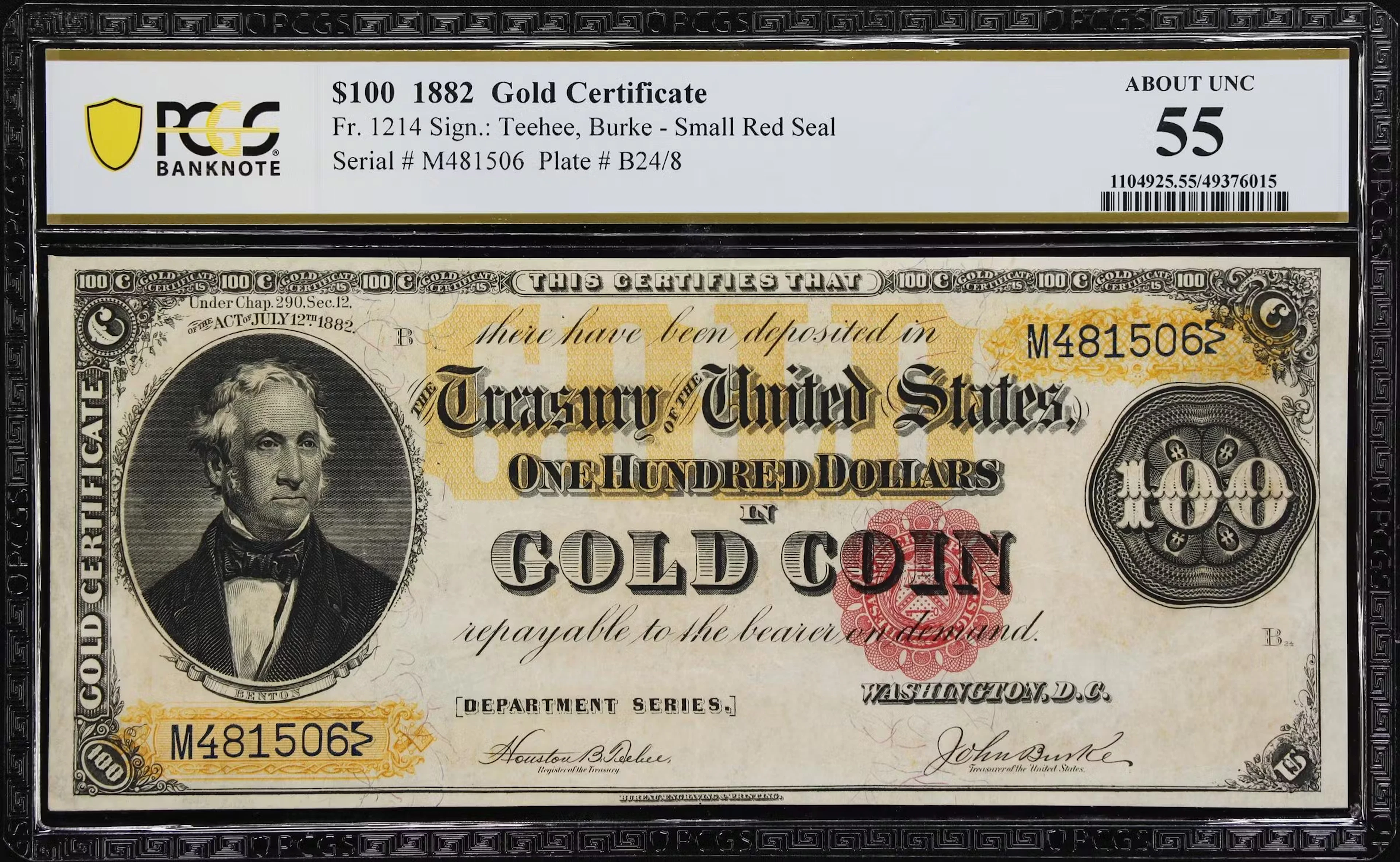 Fr. 1214. 1882 $100 Gold Certificate. PCGS Banknote About Uncirculated 55.