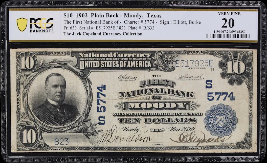 Moody, Texas. $10 1902 Plain Back. Fr. 633. First NB. Charter #5774.