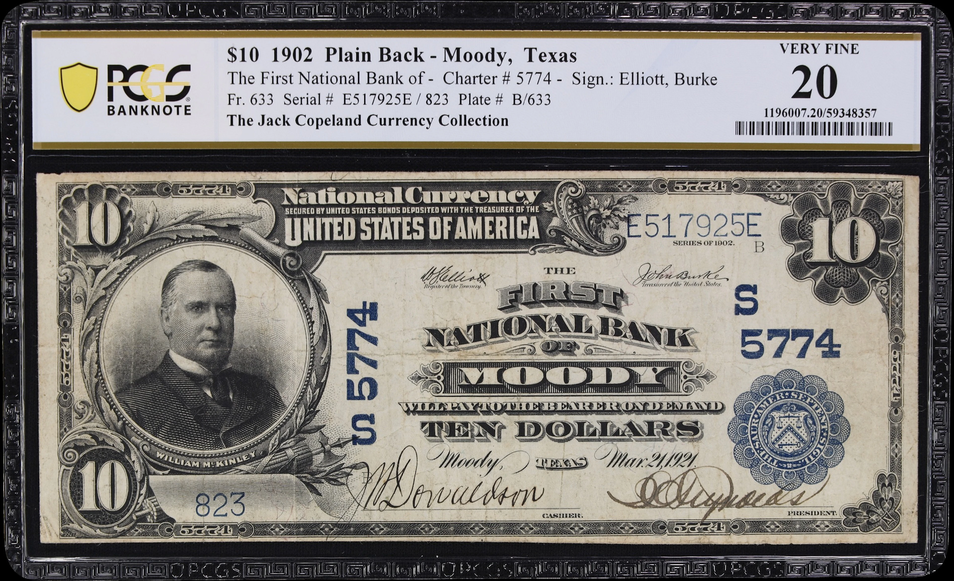 Moody, Texas. $10 1902 Plain Back. Fr. 633. First NB. Charter #5774.