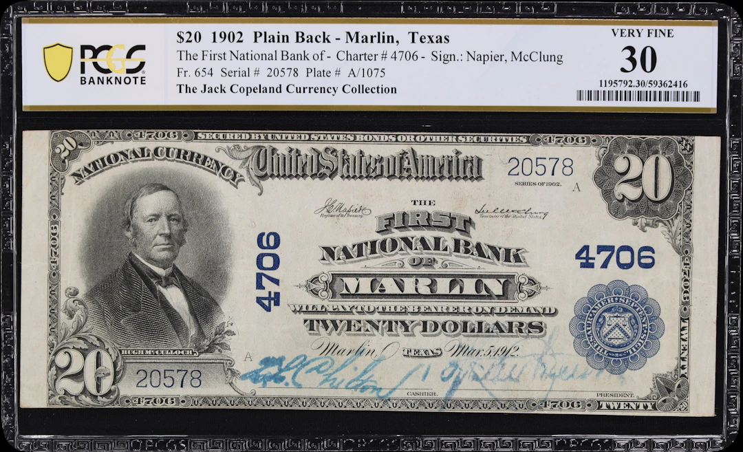 Marlin, Texas. $20 1902 Plain Back. Fr. 654. First NB. Charter #4706.