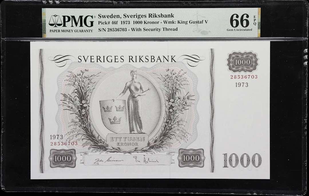 (◊) SWEDEN. Sveriges Riksbank. 1000 Kronor, 1973. P-46f. PMG Gem Uncirculated