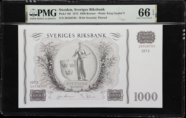(◊) SWEDEN. Sveriges Riksbank. 1000 Kronor, 1973. P-46f. PMG Gem Uncirculated