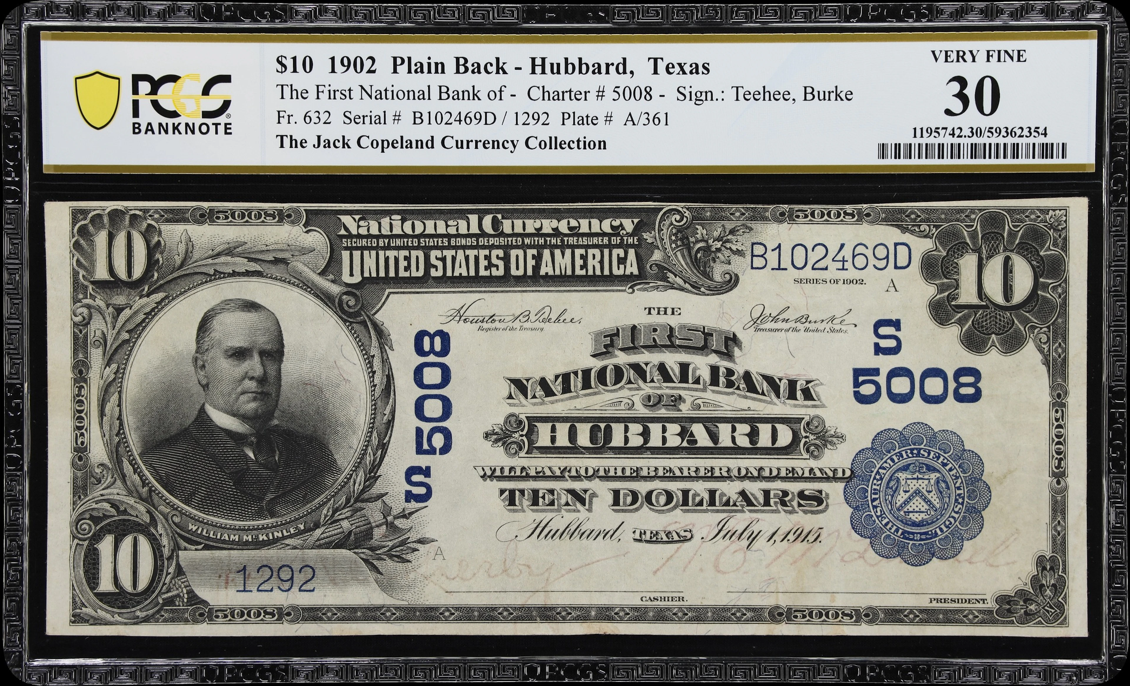 Hubbard, Texas. $10 1902 Plain Back. Fr. 632. First NB. Charter #5008.
