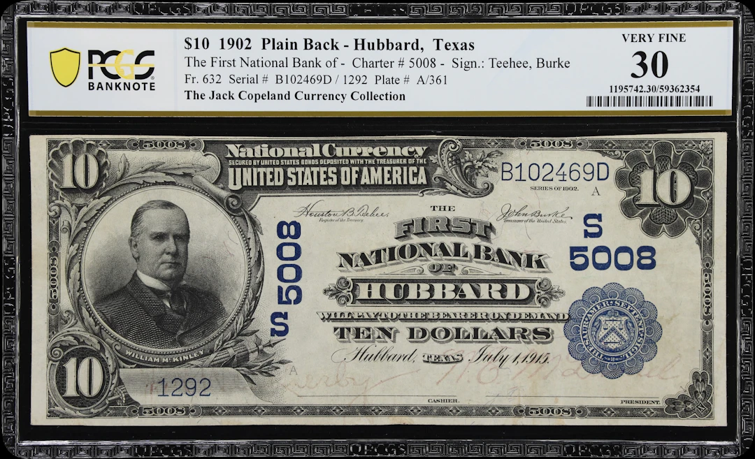 Hubbard, Texas. $10 1902 Plain Back. Fr. 632. First NB. Charter #5008.