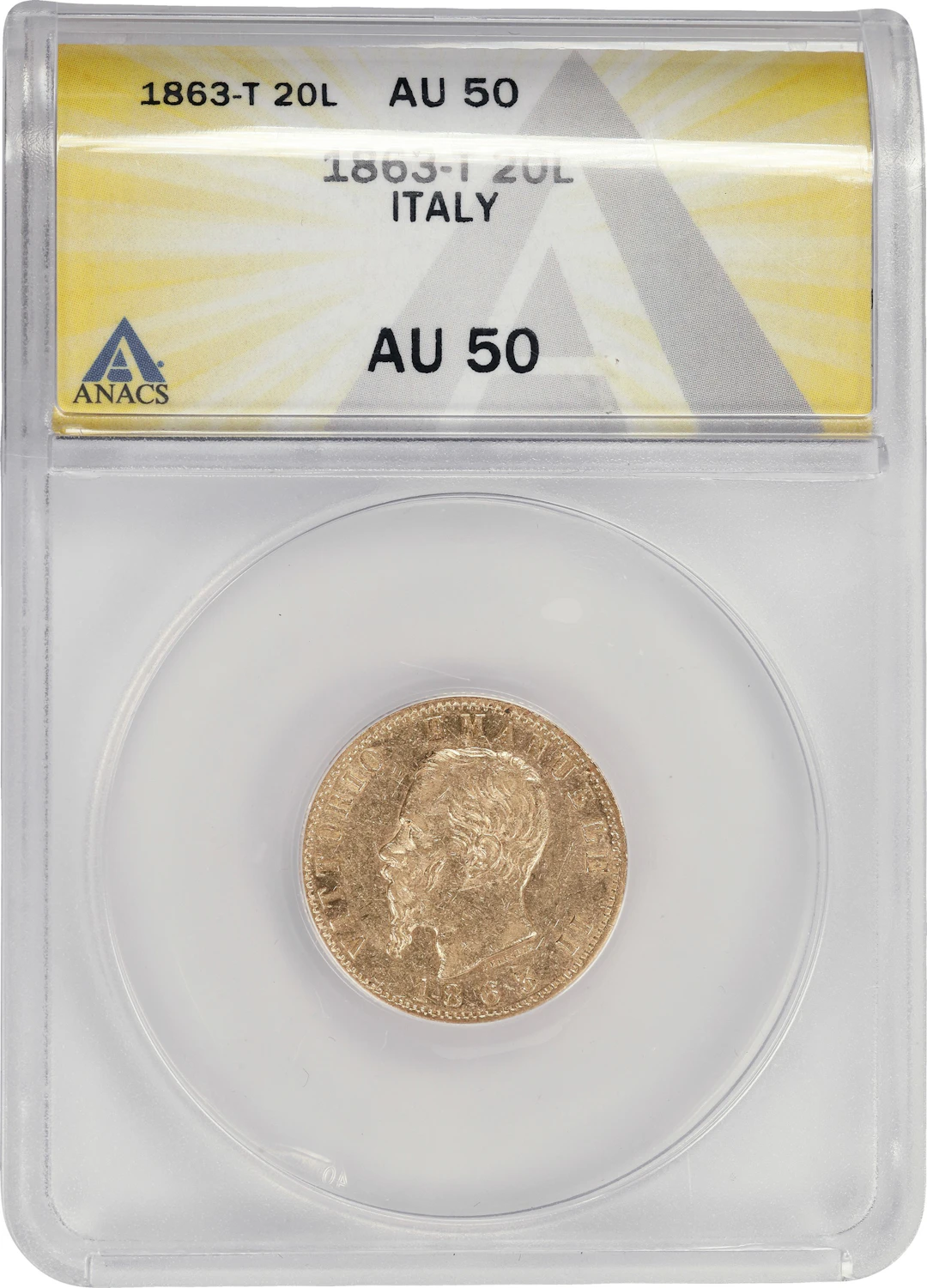 (0.187 oz, 5.816 g AGW). Italy. 1863-T Gold 20 Lire. AU-50 (ANACS).