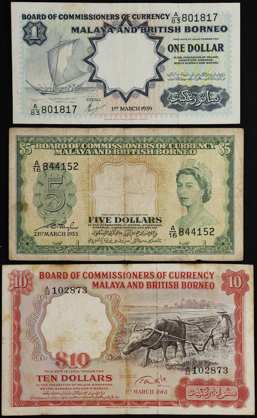 MALAYA AND BRITISH BORNEO. Lot of (3). Board of Commissioners of Currency.