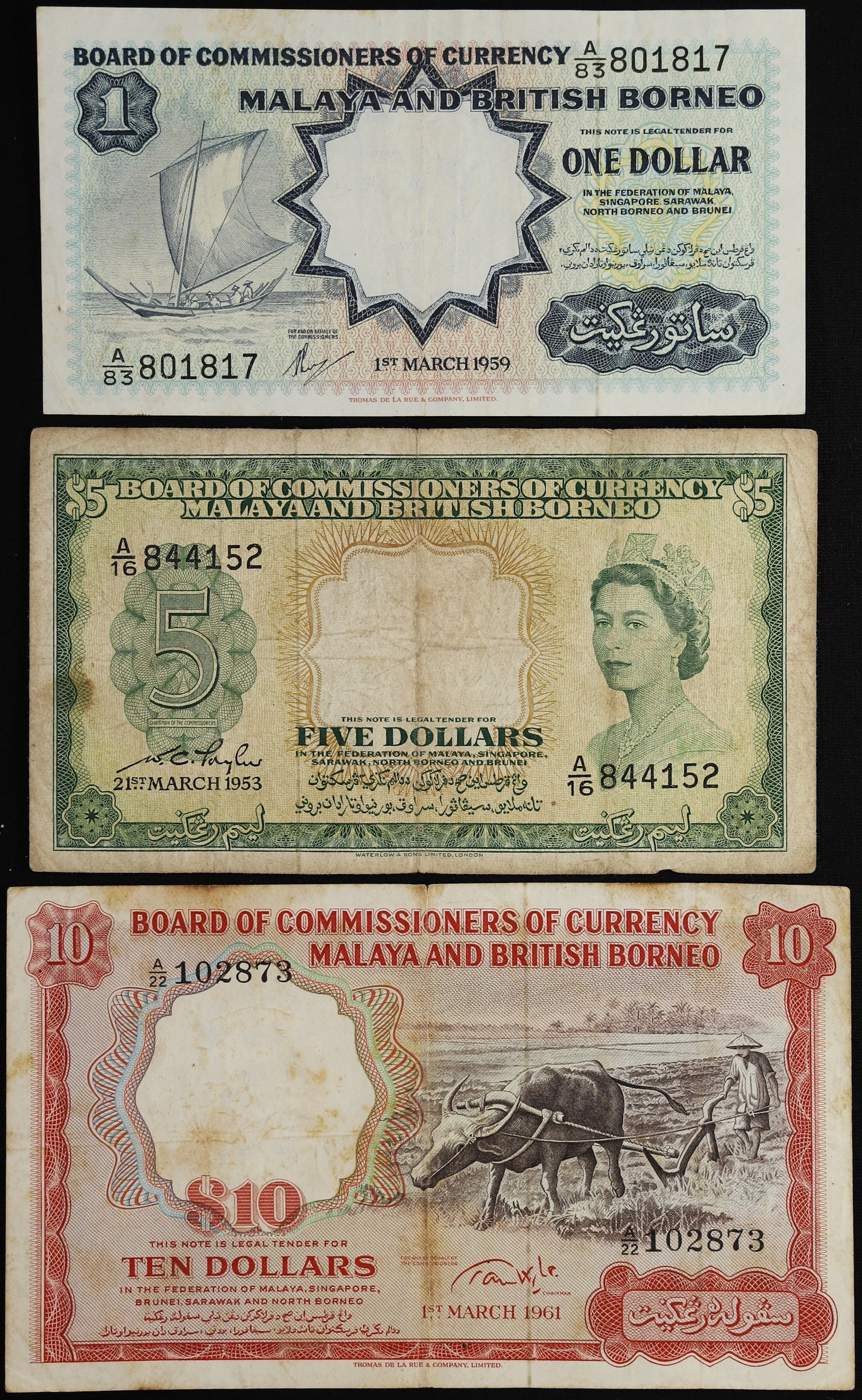 MALAYA AND BRITISH BORNEO. Lot of (3). Board of Commissioners of Currency.