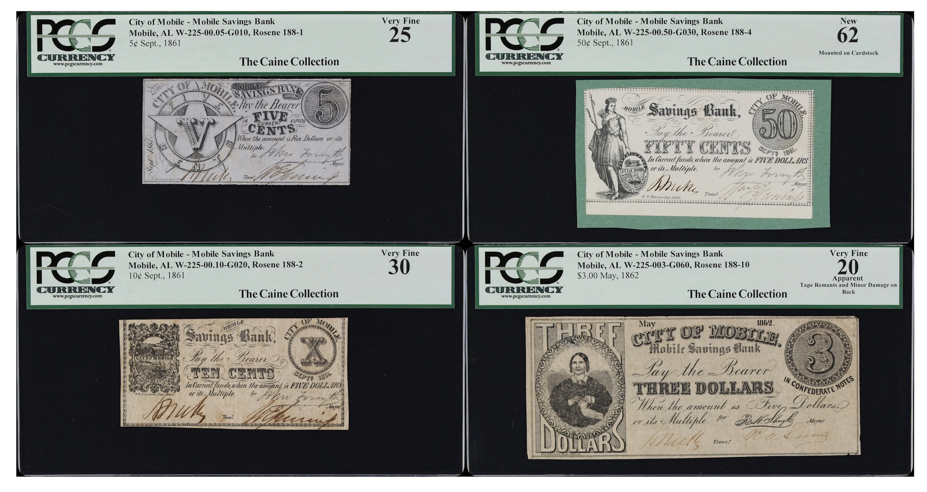 Lot of (4) Mobile, Alabama. City of Mobile. 1861-62 5 Cents, 10 Cents