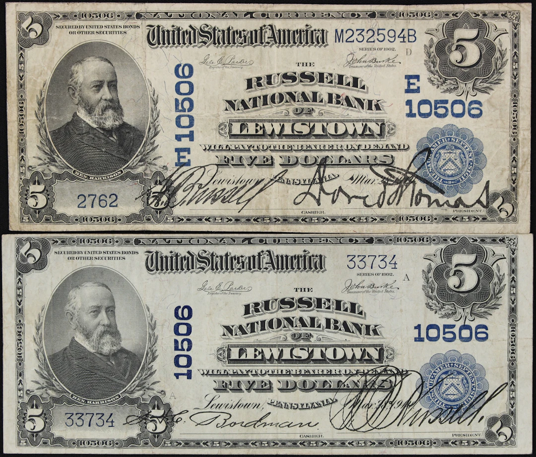 Lot of (2) Lewistown, Pennsylvania. $5 1902 Date Back & 1902 Plain
