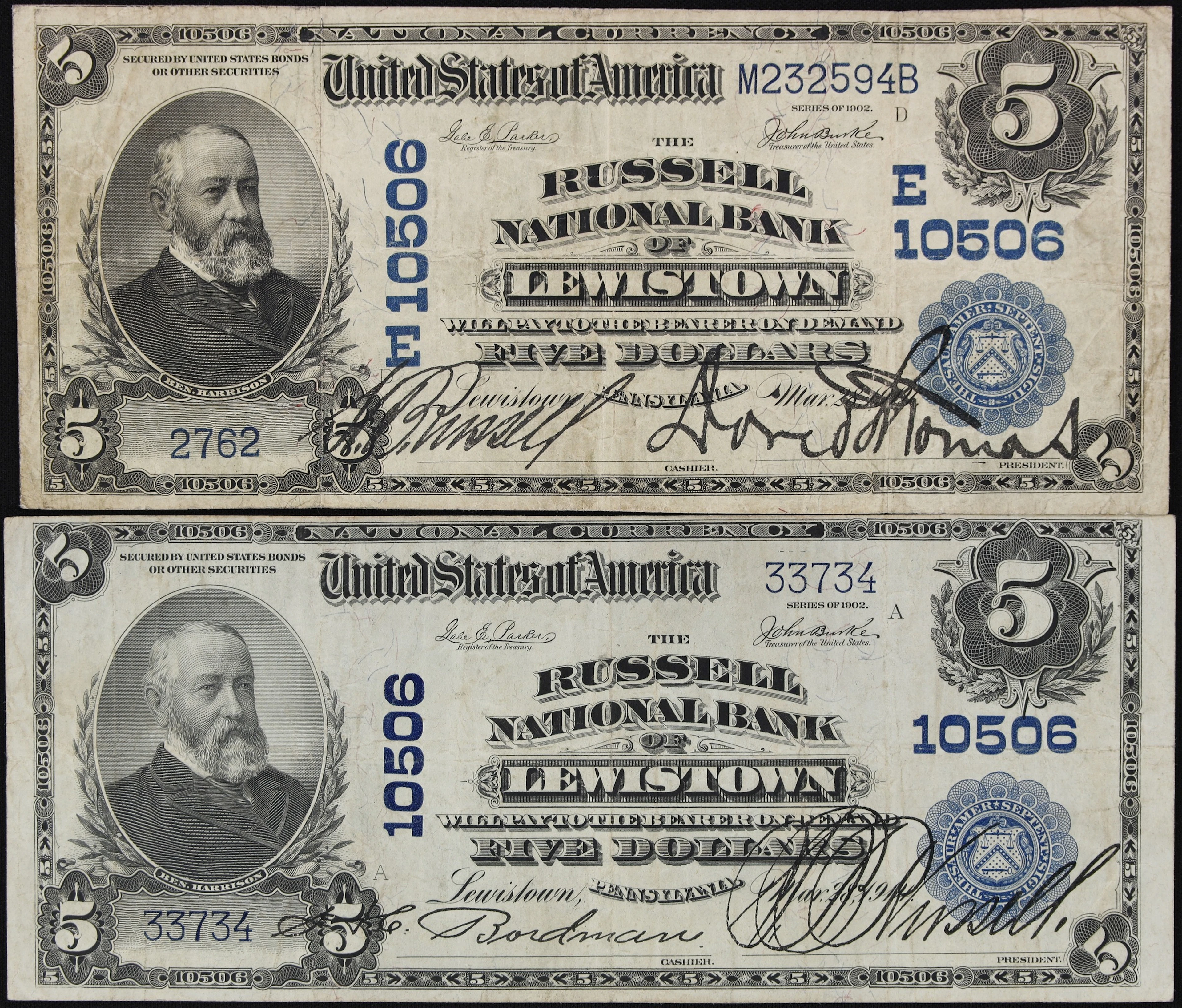 Lot of (2) Lewistown, Pennsylvania. $5 1902 Date Back & 1902 Plain