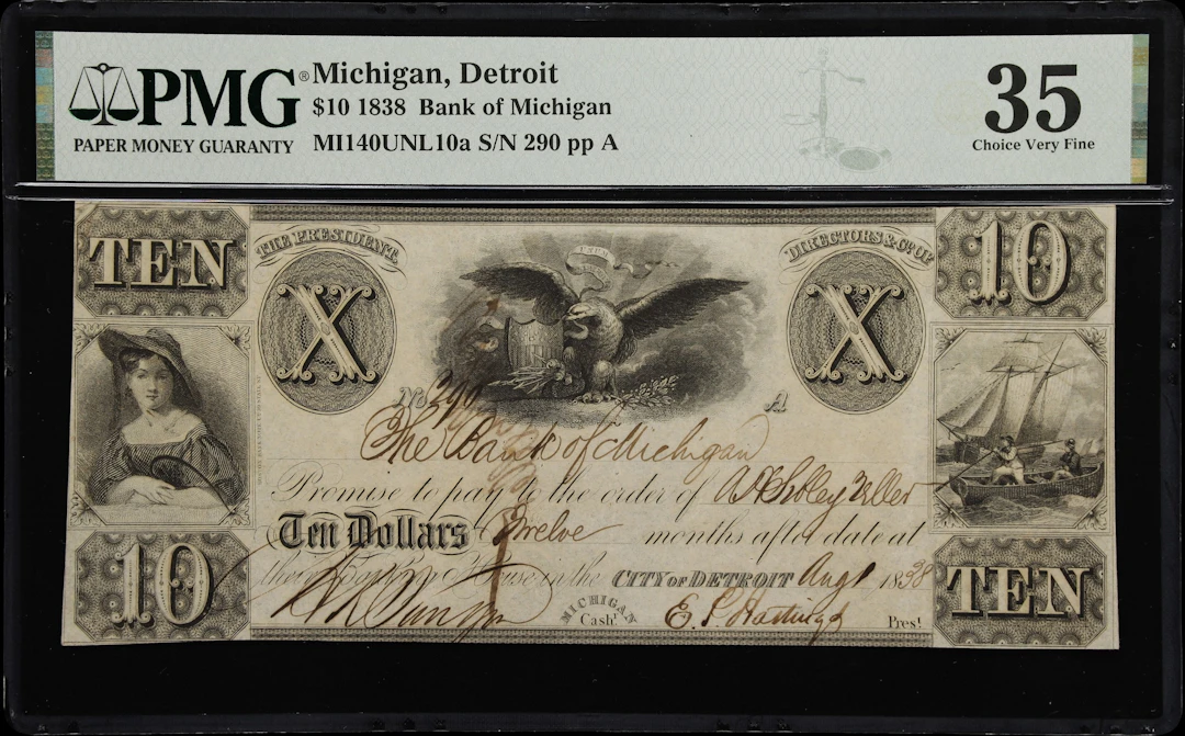 Detroit, Michigan. Bank of Michigan. 1838 $10. PMG Choice Very Fine 35.