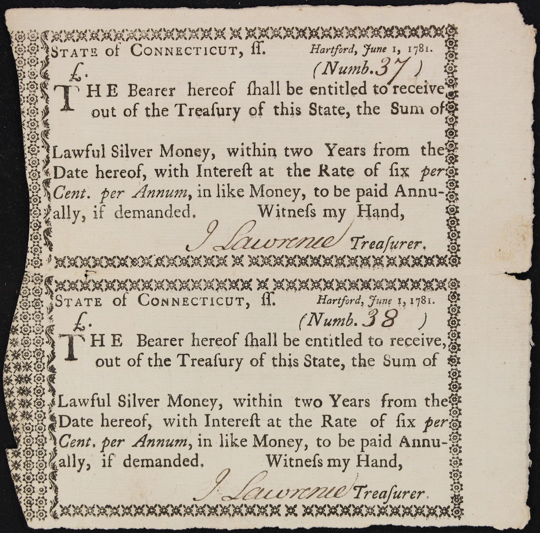 Uncut Sheet of (2) Hartford, Connecticut. State of Connecticut. Treasury